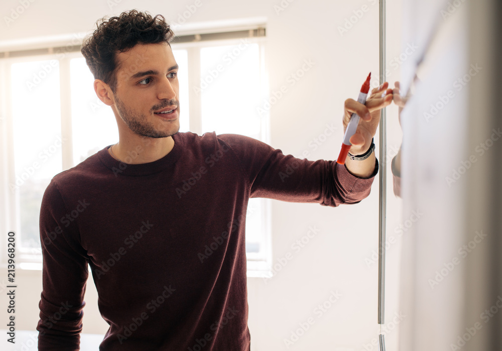 Businessman writing on whiteboard in office