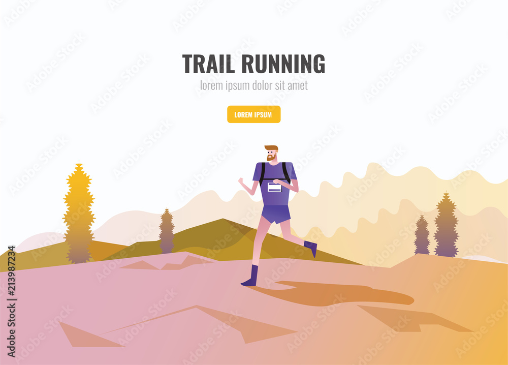 男人在山上奔跑的Trail Runner。美丽的风景背景。矢量插图