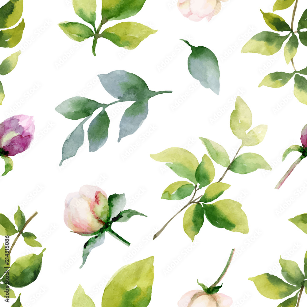 Watercolor vector hand painting seamless pattern of peony flowers and green leaves.