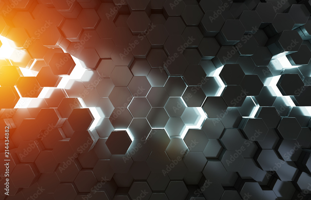 Black blue and orange hexagons background pattern 3D rendering