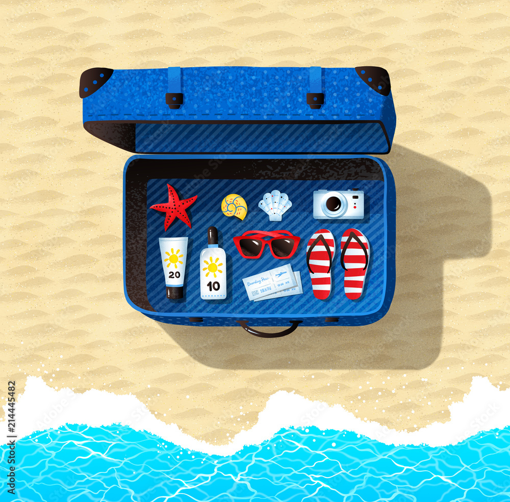 Top view illustration of blue travel suitcase