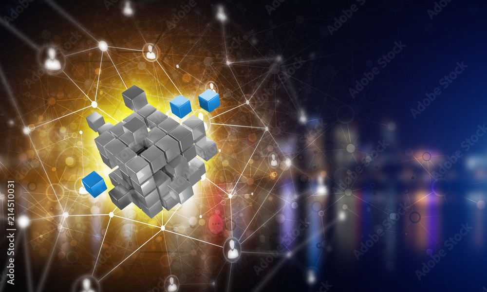 暗背景下的数字立方体图形的互联网和网络概念