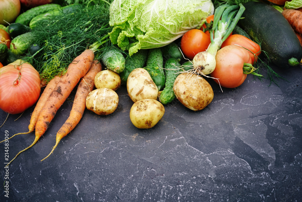 Сomposition of fresh vegetables from beds on textured dark marble table. Assortment of potatoes, cuc