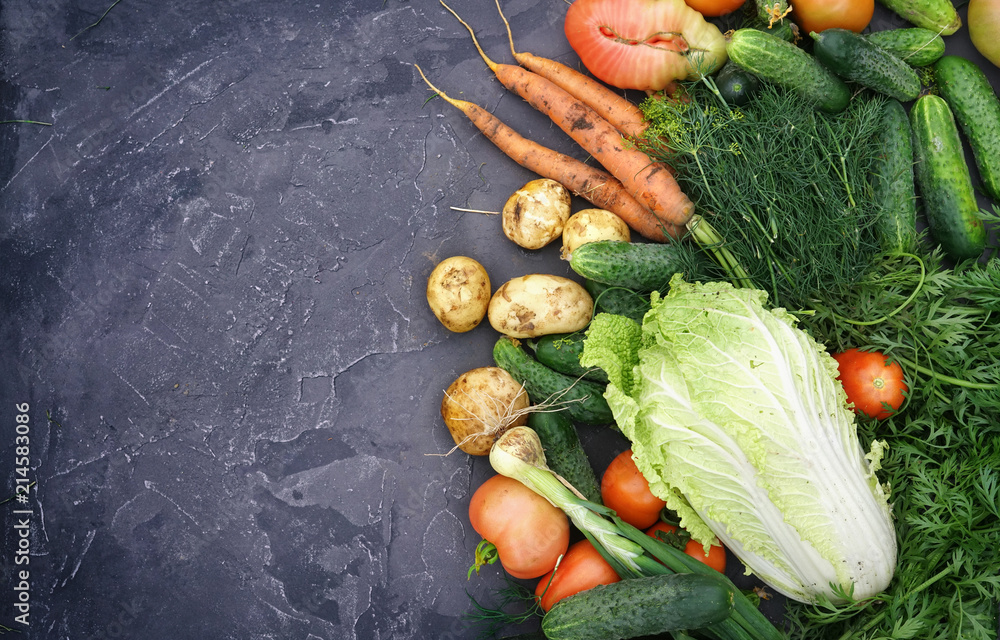 Сomposition of fresh vegetables from beds on textured dark marble table. Assortment of vegetables, p