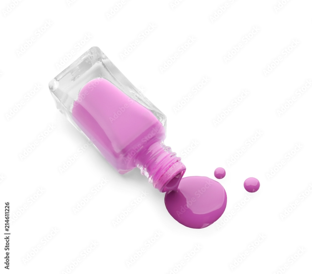 Open bottle of nail polish on white background