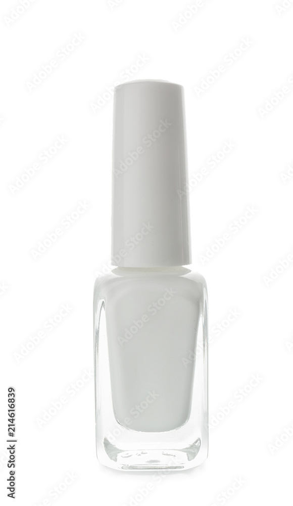 Glass bottle of nail polish on white background