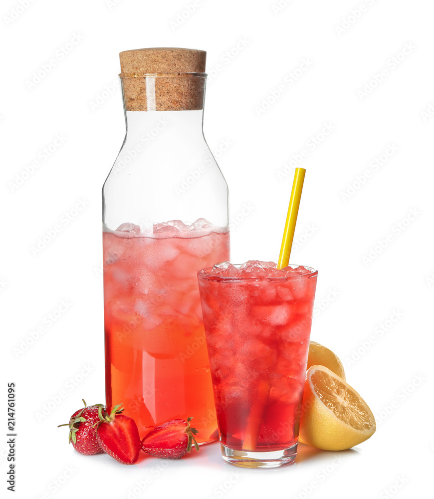 Bottle and glass with tasty strawberry lemonade on white background