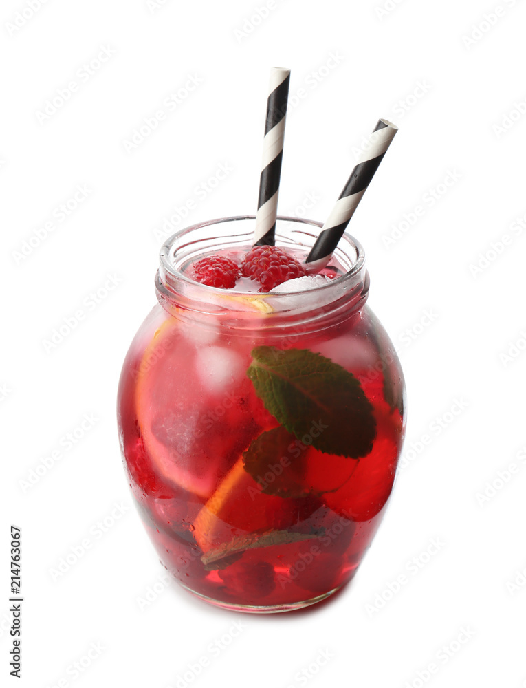 Glass jar with fresh raspberry mojito on white background