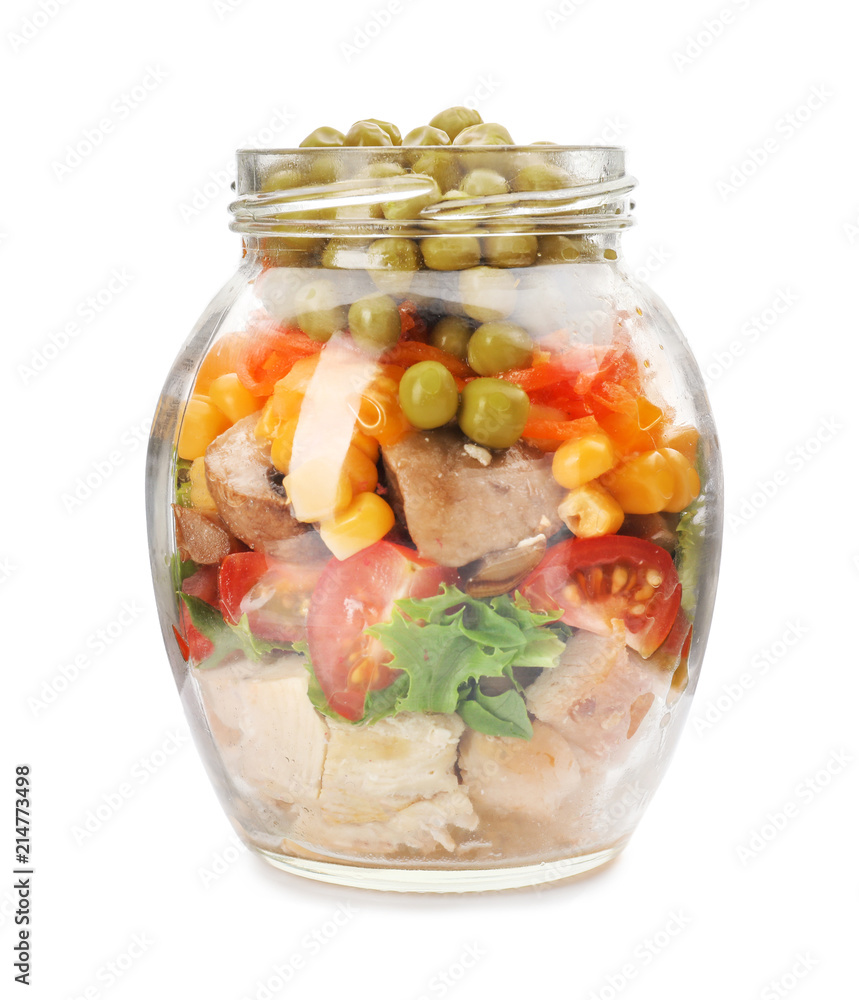 Delicious vegetable salad in mason jar on white background