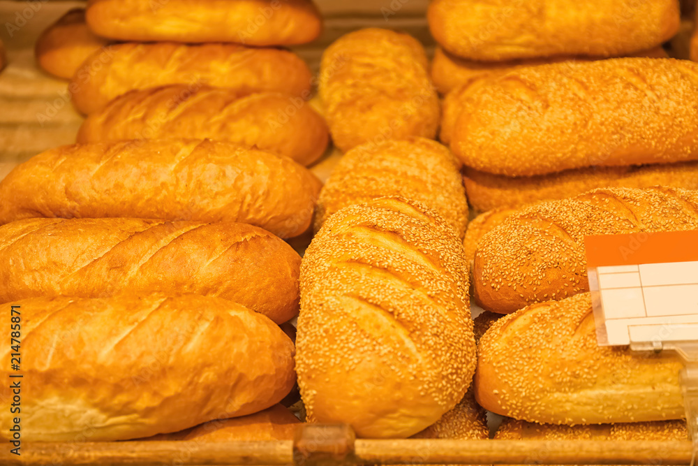 Fresh bread on shelf in bakery