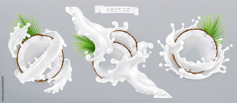 椰子和牛奶飞溅。三维逼真矢量图标
