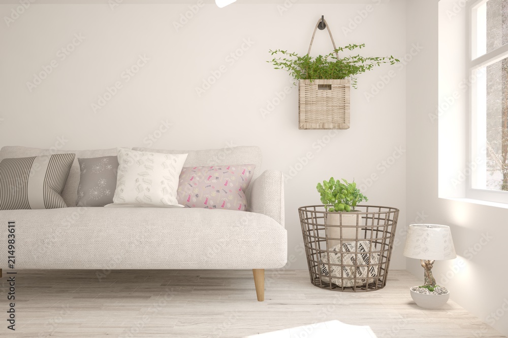 Idea of white minimalist room with sofa. Scandinavian interior design. 3D illustration