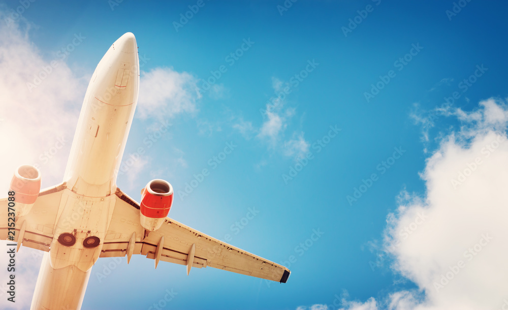 plane at landing on blue sky background with white clouds. Airplane turbine and wing view