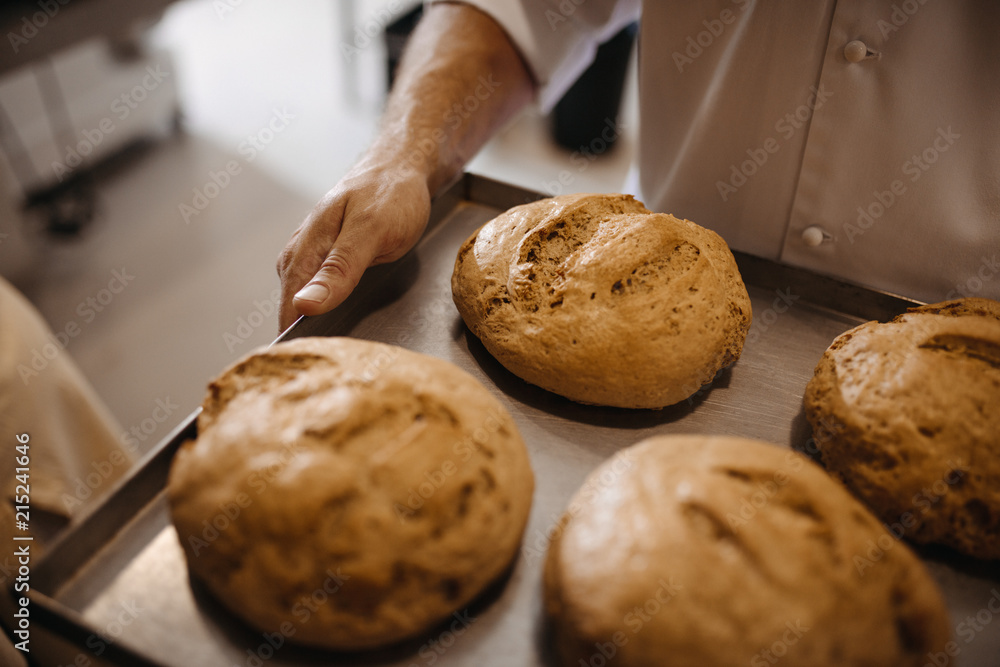 Freshly baked bread on a baking tray