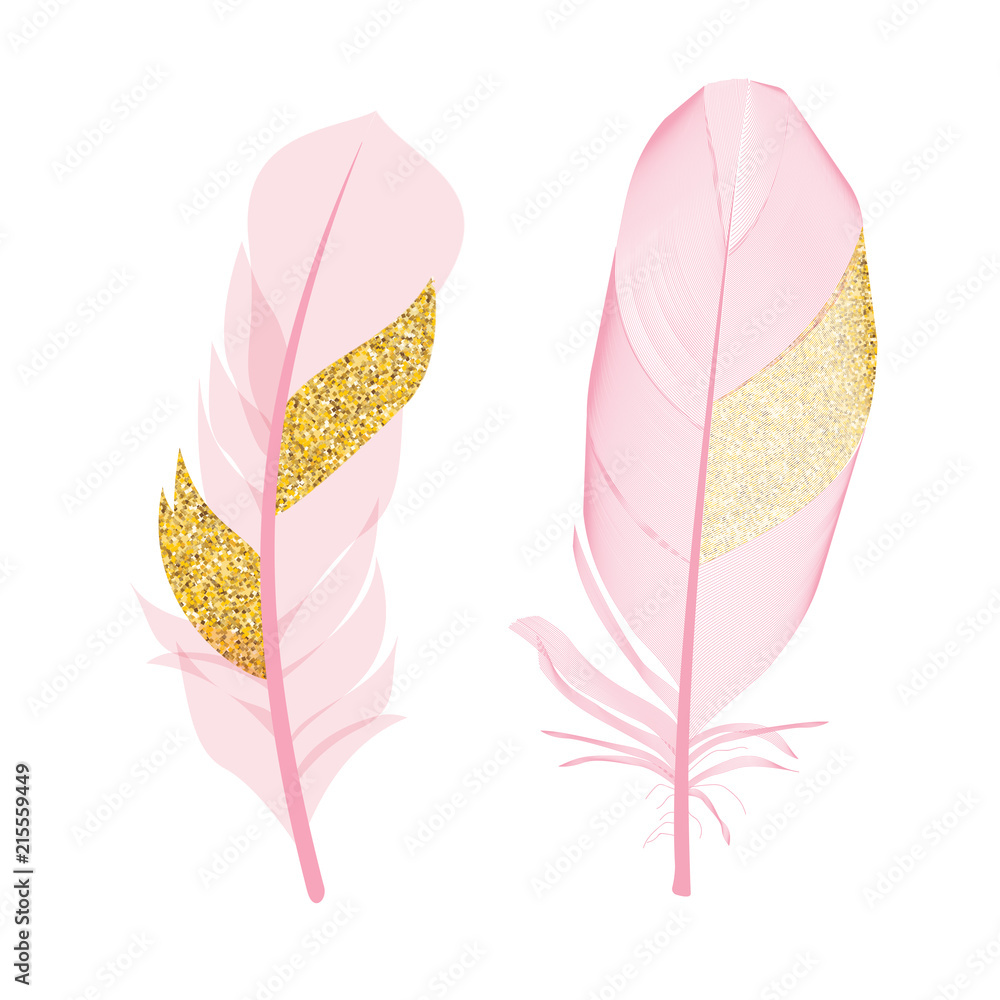 Pink and Golden Glitter Painted Birds of Feather Isolated on White Background. Vector Illustration