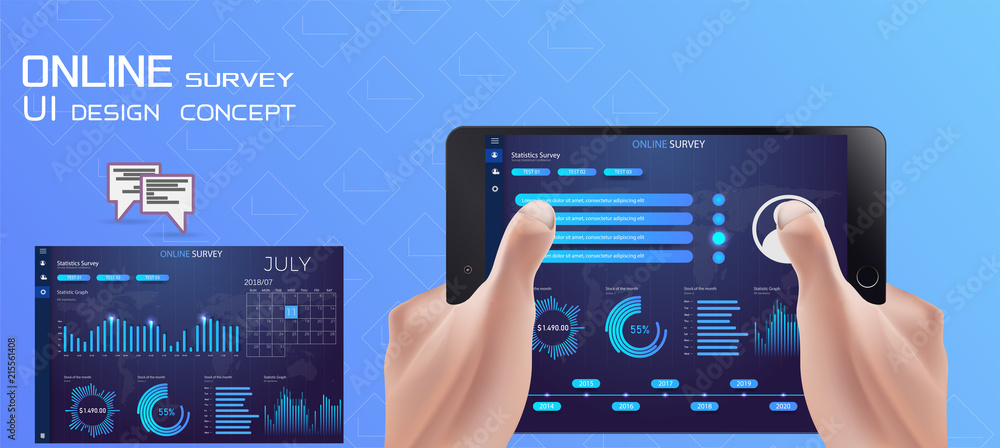 在线调查，检查表。手持平板电脑和手指触摸屏。反馈商业理念。