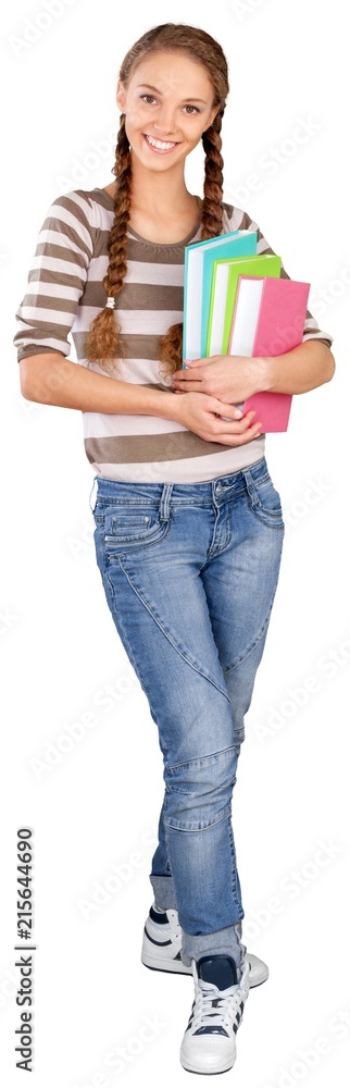 Friendly Young Girl Standing and Holding Books - Isolated