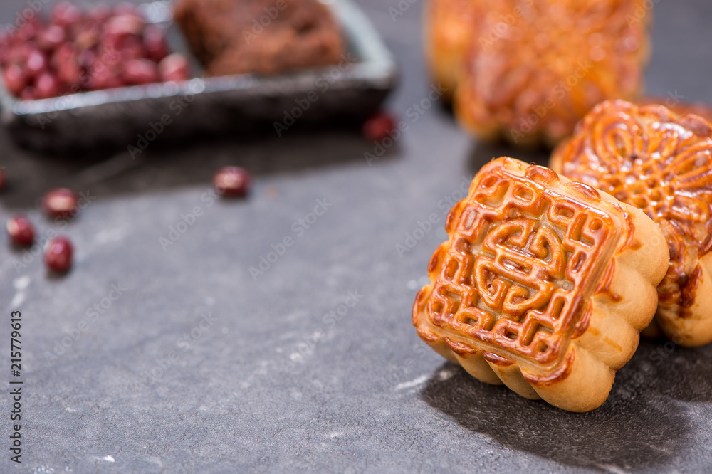 Mooncake in chinese traditional mid-autumn festival(moon festival) with copy space(text space) and t