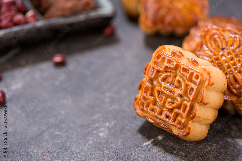 Mooncake in chinese traditional mid-autumn festival(moon festival) with copy space(text space) and t