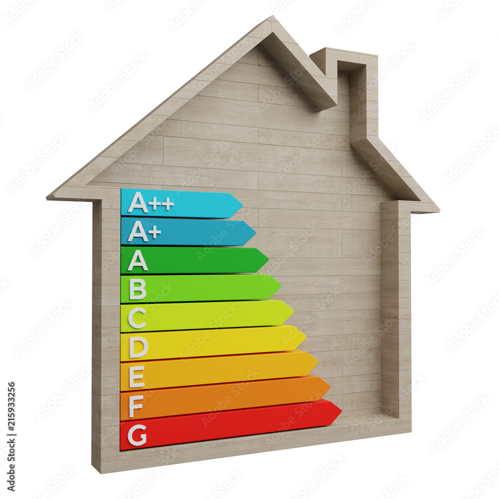 3D rendering energy rating chart in a wooden house