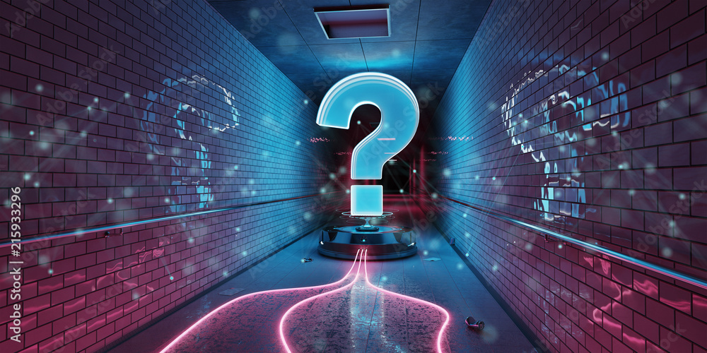 Question marks digital hologram in underground 3D rendering