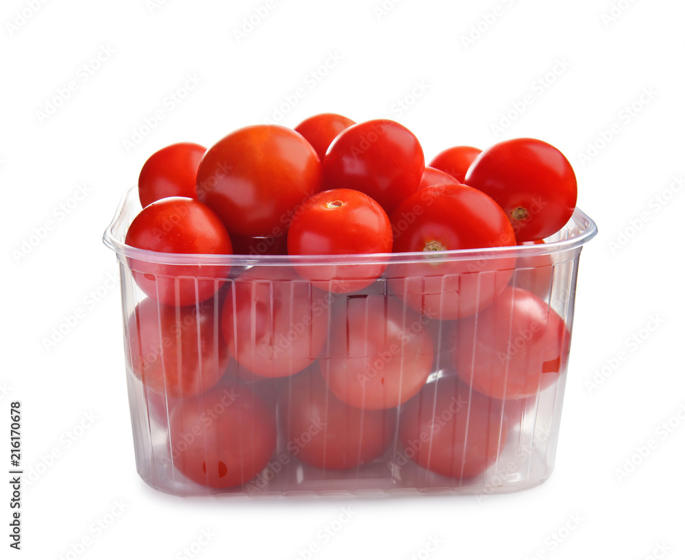 Plastic container with fresh ripe cherry tomatoes on white background