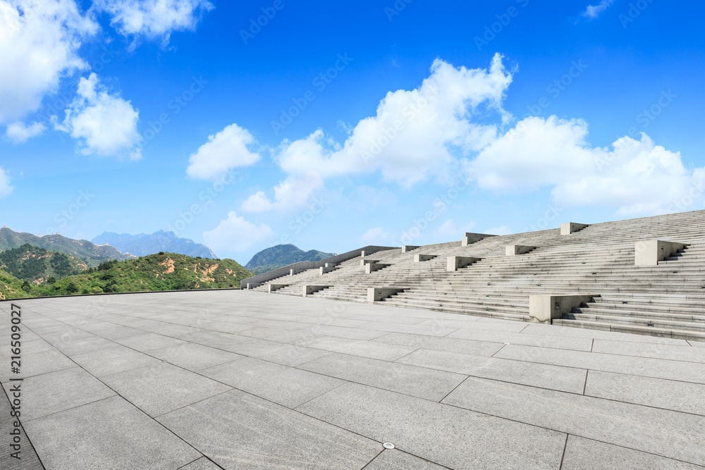 Clean square floor and mountain natural landscape