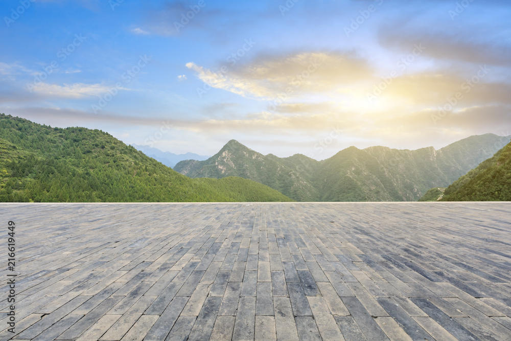 Empty square floor and mountains natural landscape