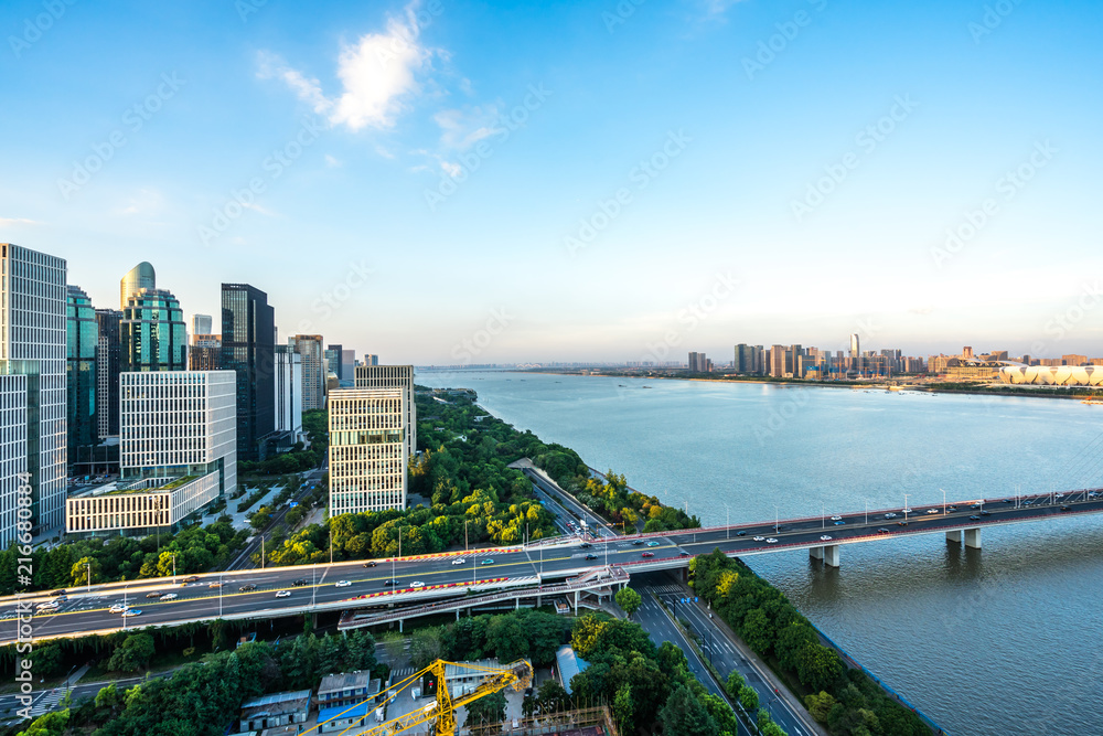 中国杭州城市天际线全景