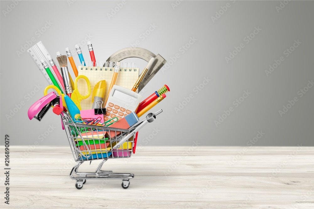 Stationery objects in mini supermarket cart