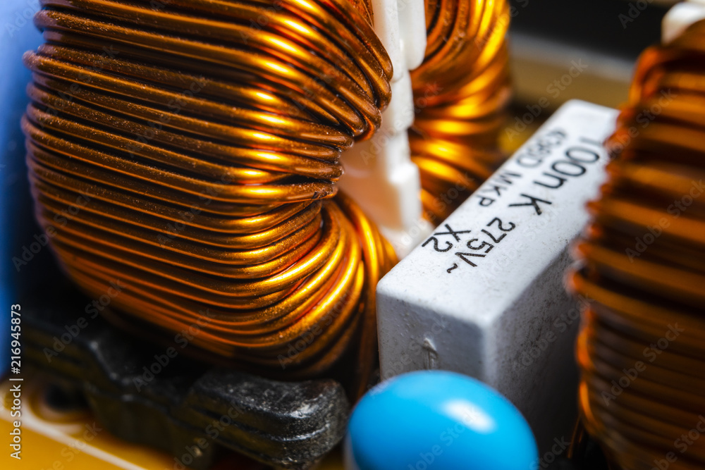 Macro shot of a Circuitboard with resistors microchips and electronic components. Computer hardware 