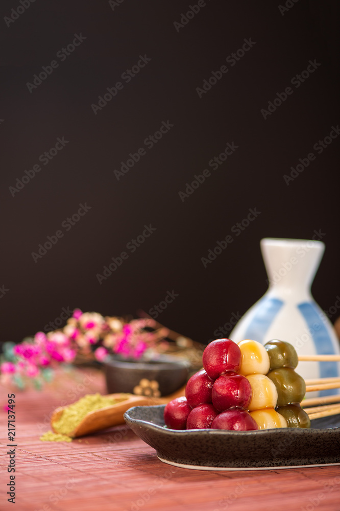 Japanese Dango dessert with 3 different color in pink(red), white, and green, recipe, hanami Dango, 