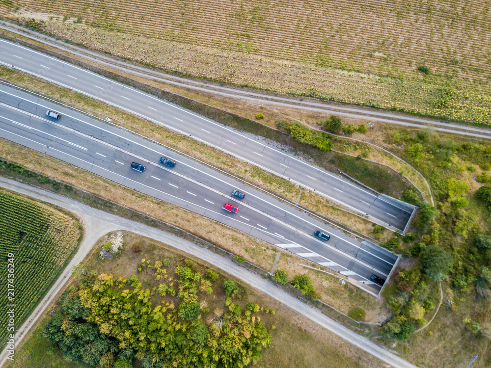 日落时瑞士高速公路上野生动物天桥的鸟瞰图