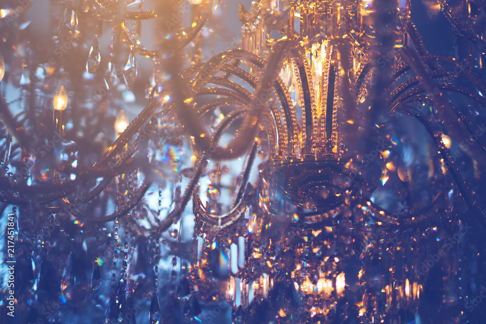 Crystal chandelier close-up. Glamour background with copy space