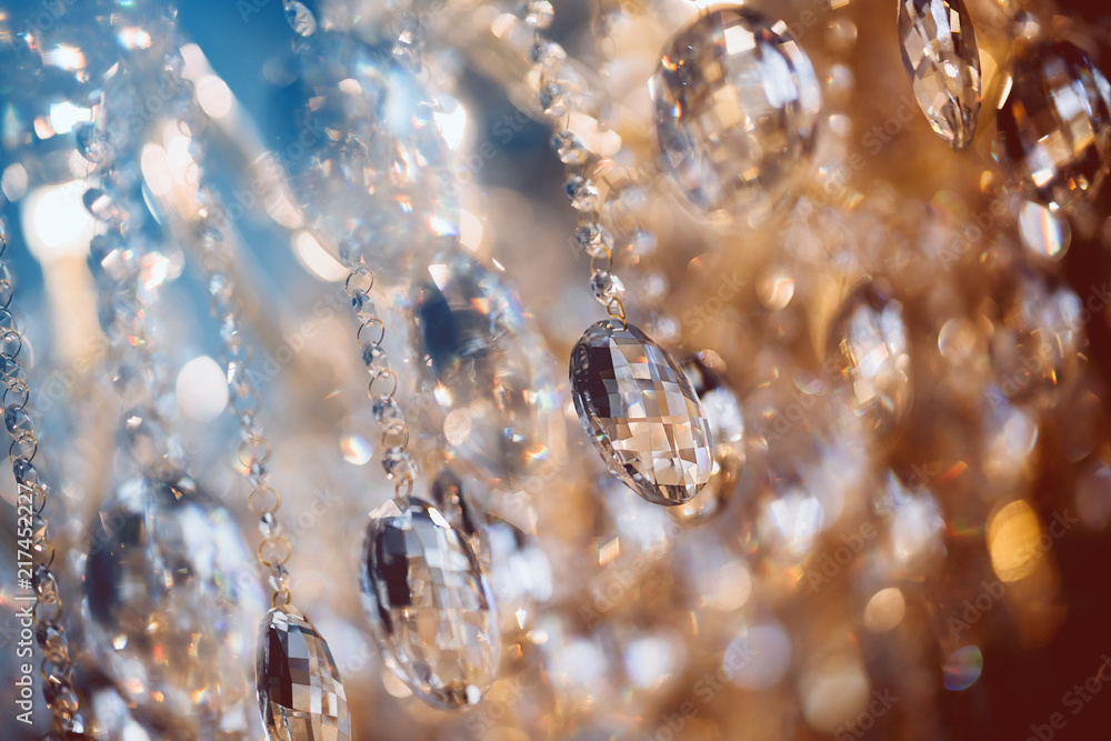 Crystal chandelier close-up. Glamour background with copy space