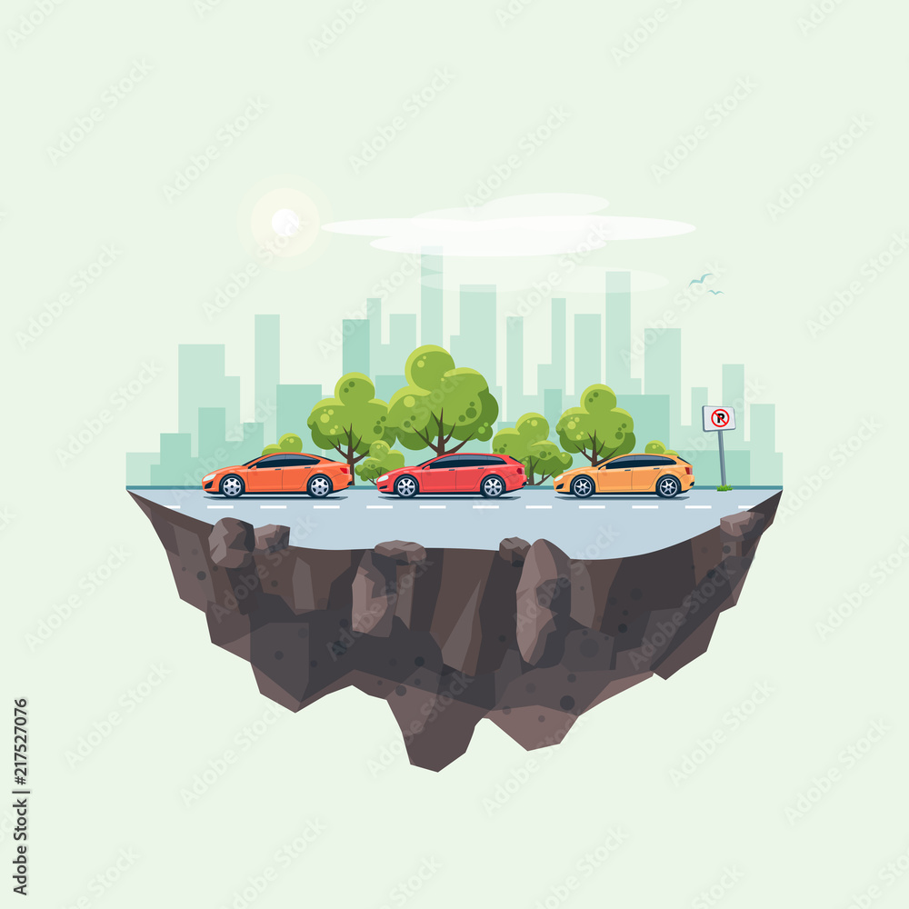 Flat vector illustration of cars parking along the city street on the earth globe island landscape. 