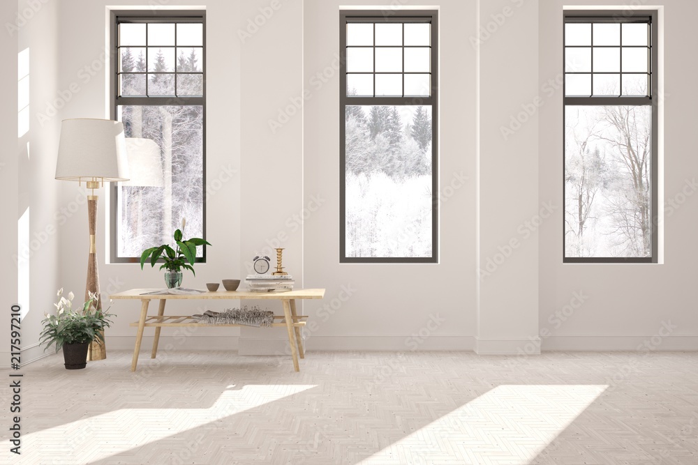 White empty room with table and winter landscape in window. Scandinavian interior design. 3D illustr