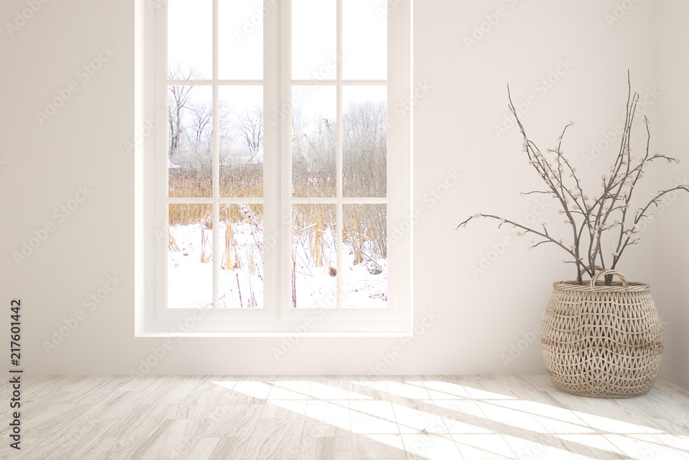 White empty room with winter landscape in window. Scandinavian interior design. 3D illustration