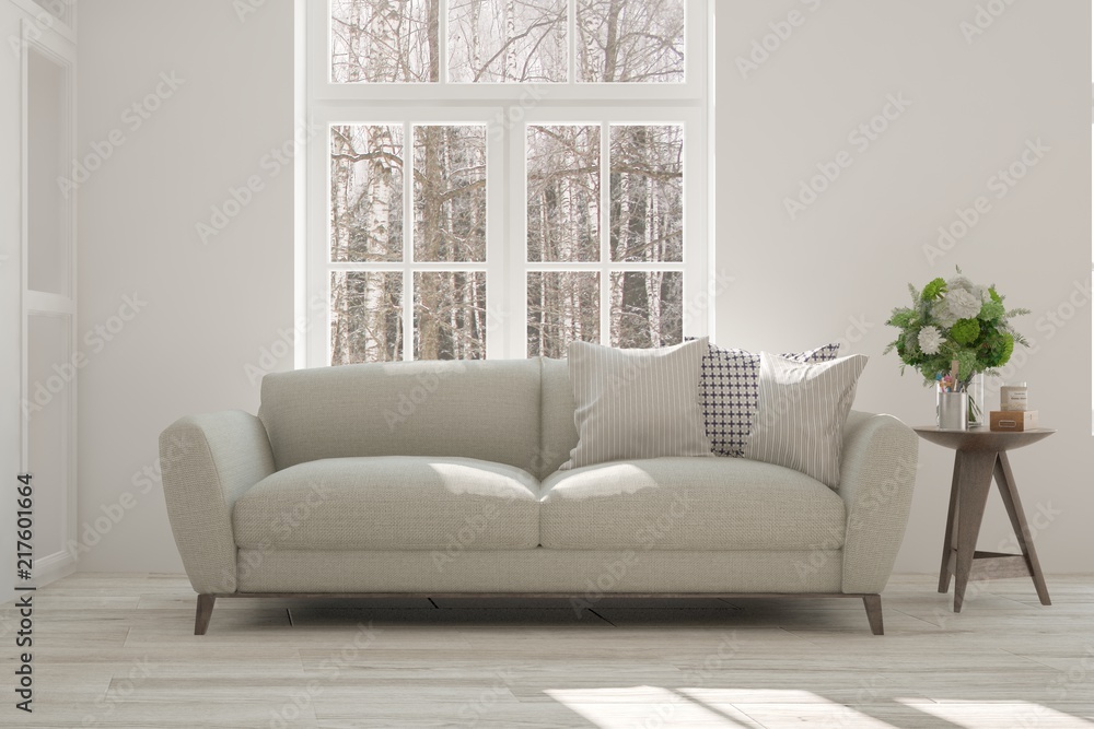 Idea of white minimalist room with sofa. Scandinavian interior design. 3D illustration