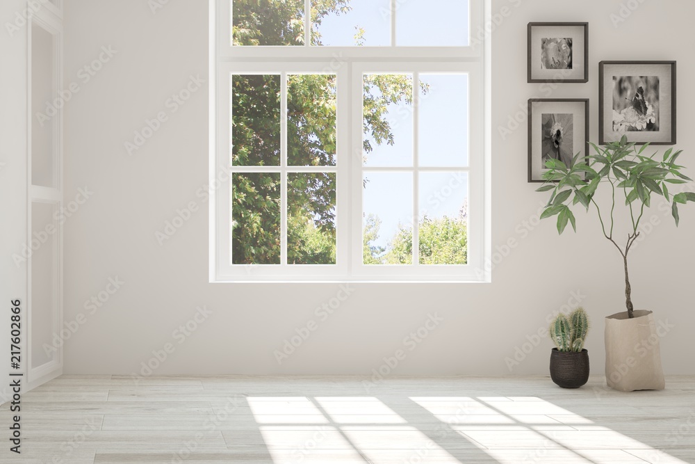 White empty room with summer landscape in window. Scandinavian interior design. 3D illustration