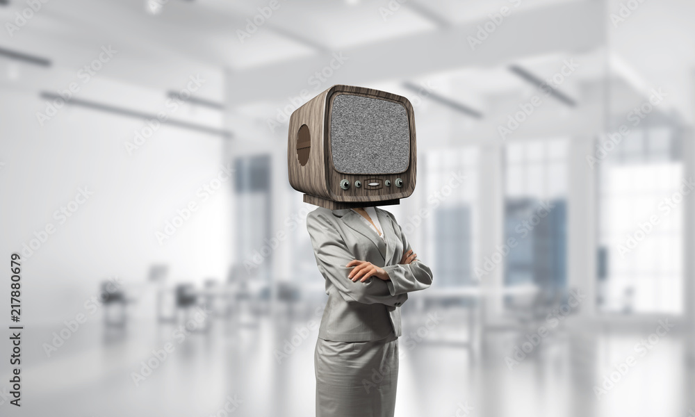 Business woman with old TV instead of head.