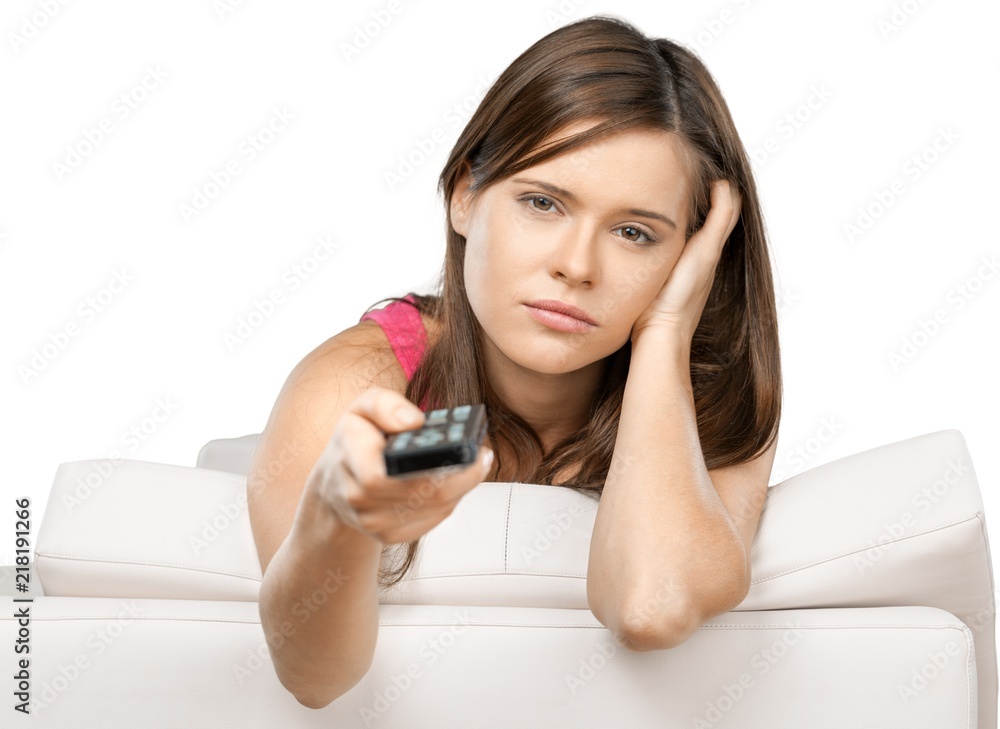 Bored Woman Using Remote Control