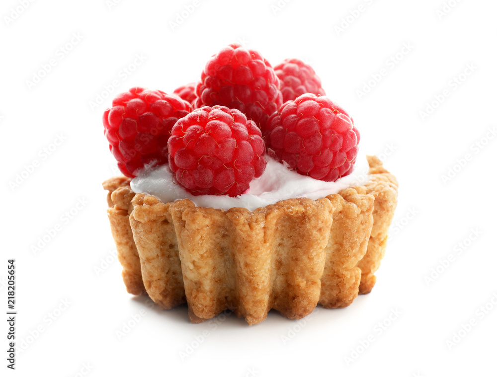 Tasty tartlet with raspberries on white background