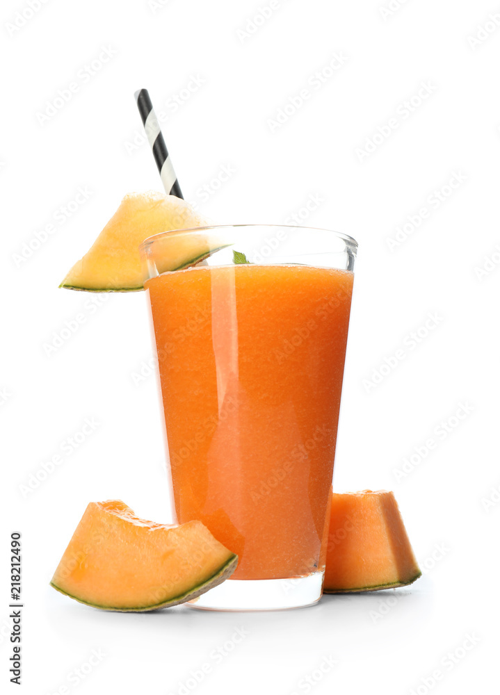 Glass of fresh melon smoothie on white background