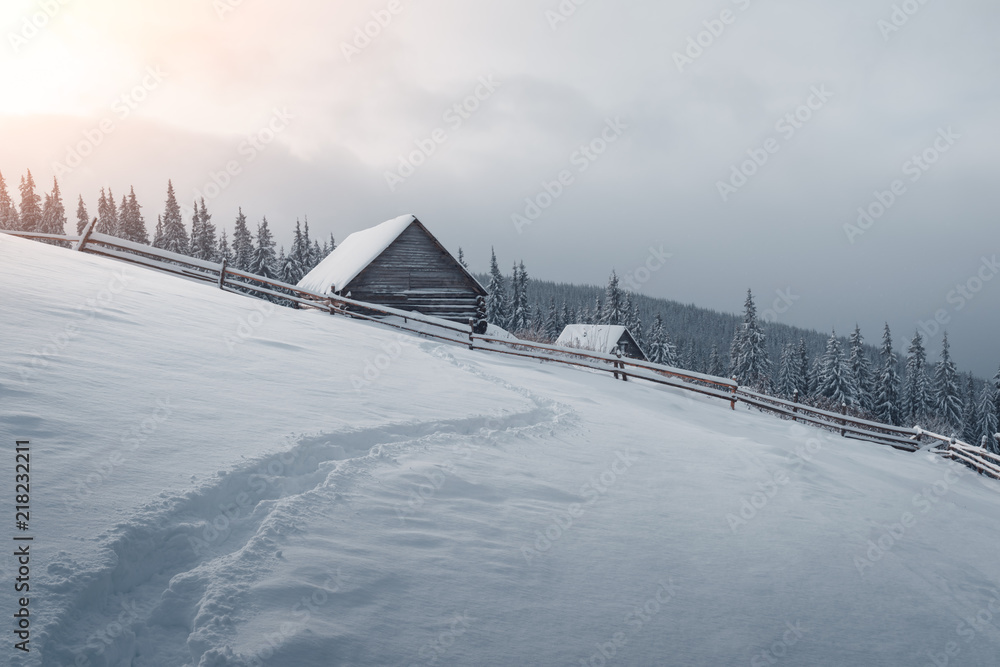 雪山木屋的奇妙冬季景观。圣诞假期概念。喀尔巴阡山