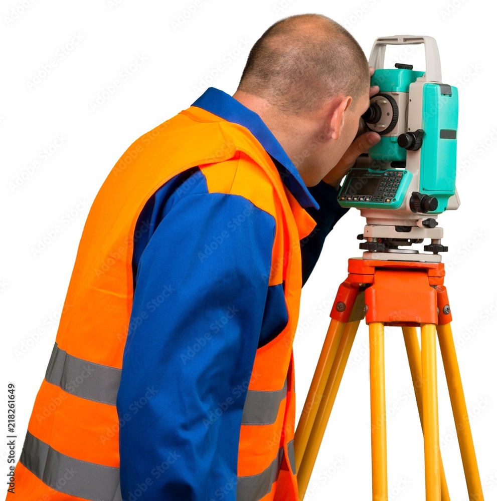 Portrait of a Land Surveyor Working with Modern Theodolite