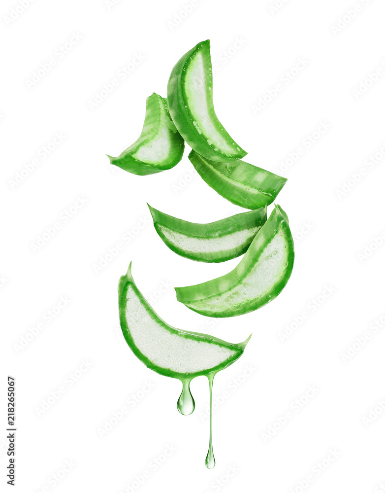 Thinly sliced stem of aloe vera with drops of juice