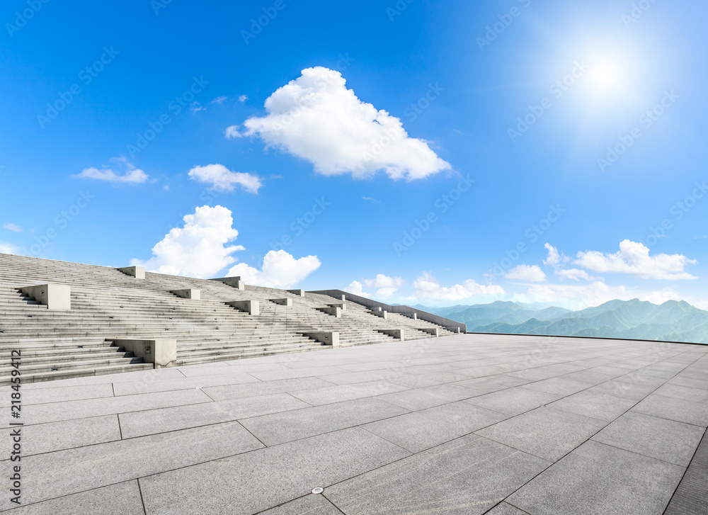 Clean square floor and mountain natural landscape