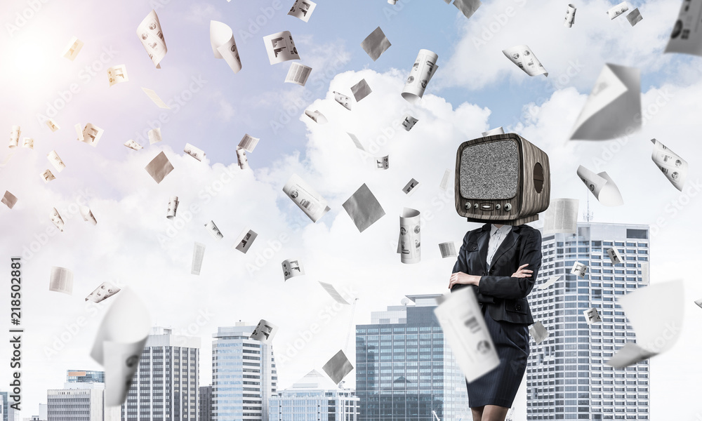 Business woman with old TV instead of head.