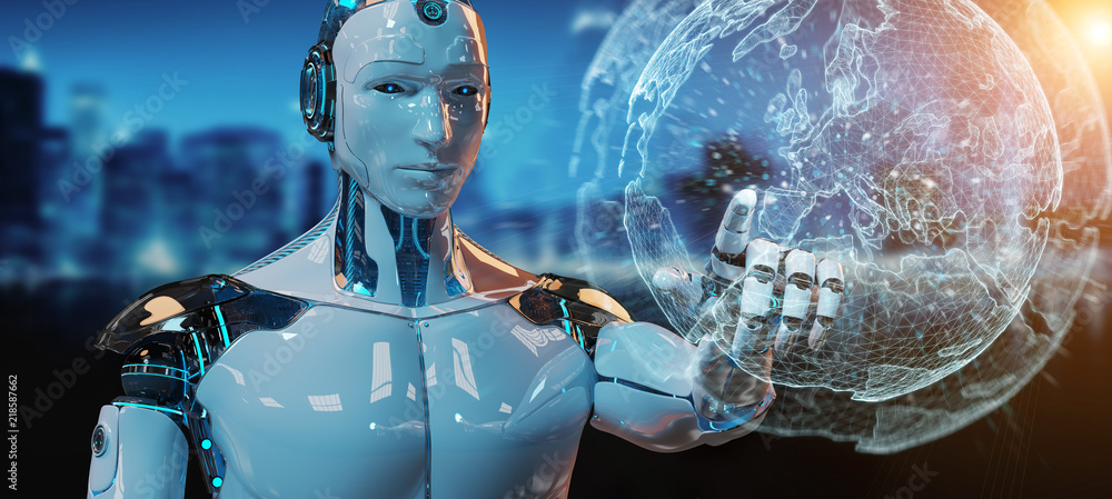 White male robot using digital screen interface 3D rendering